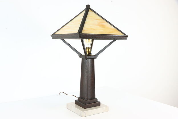 Arts & Crafts Mission Oak & Marble Antique Craftsman Stained Glass Lamp #37760 photo