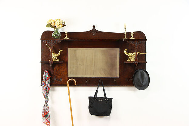 Victorian Antique Oak Wall Mirror,& Shelf, Hat Hooks #34139 photo