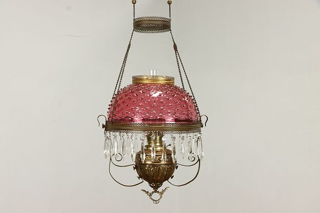 Victorian Antique Farmhouse Hanging Light Kerosene Lamp, Cranberry Shade #37662 photo