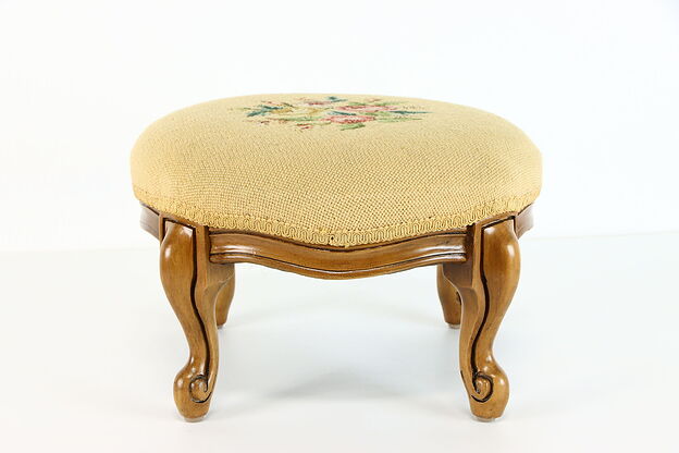 Farmhouse Vintage Country Fruitwood Footstool, Needlepoint Upholstery #38184 photo