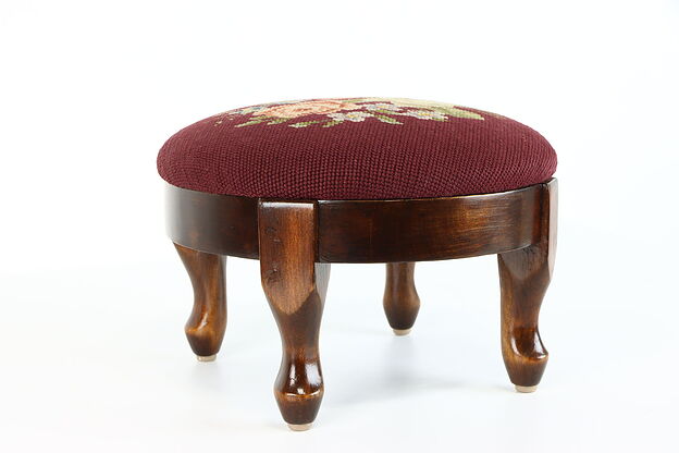 Farmhouse Vintage Country Birch Footstool, Needlepoint Upholstery #38189 photo