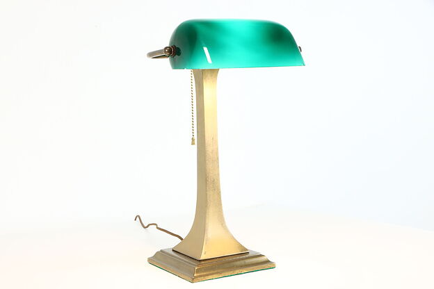 Emerald & Opalescent Glass Antique Brass Banker Desk or Piano Lamp #38040 photo