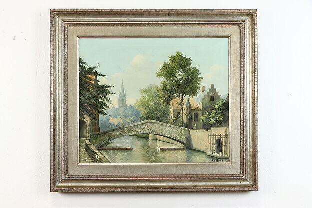 Amsterdam Canal Dutch Scene Original Vintage Oil Painting 32.5" #38437 photo