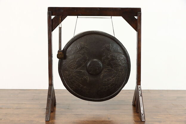 Chinese Antique 30" Gong, Hammered Rooster Motif, Pine Frame, Mallet #38513 photo