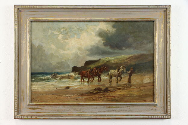 Horses Pulling From Sea Original Antique Oil Painting Signed 30" #38807 photo