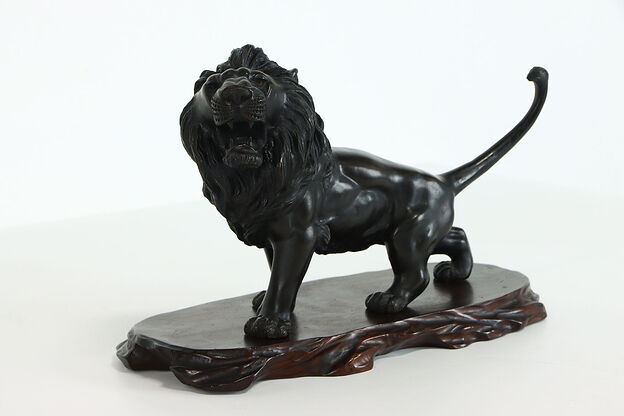 Japanese Meiji Antique Bronze Roaring Lion With Mahogany Base #39079 photo