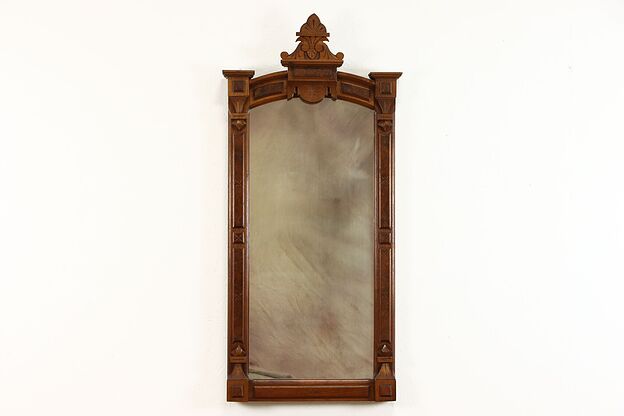 Victorian Eastlake Antique Walnut & Burl Hall Mirror, Smokey Glass #39227 photo