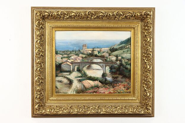 Village on the Mediterranean Vintage Original Oil Painting, signed 38" #39321 photo