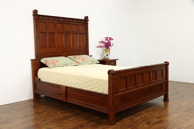 Victorian Antique Carved Cherry Queen Size Paneled Bed #36378 photo