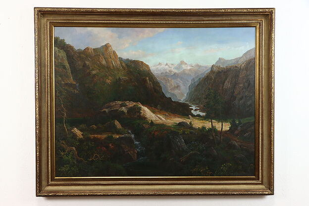 Mountain Stream Landscape, Original Vintage Oil Painting, Roch Hand 56" #39089 photo