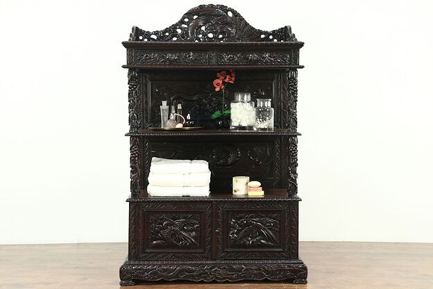 Chinese Antique Cherry Open Shelf Server, Bath Cabinet, Carved Dragons & Grapes photo