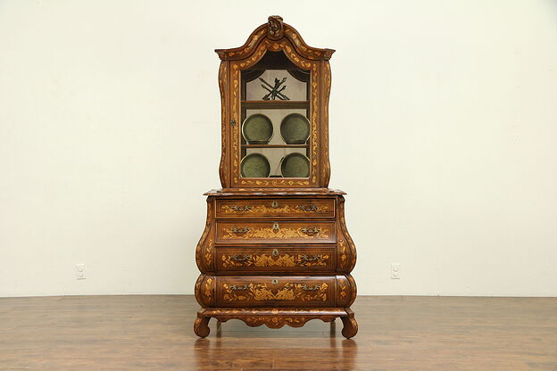 Dutch Antique Inlaid Marquetry Bombe China or Curio Cabinet #30717 photo