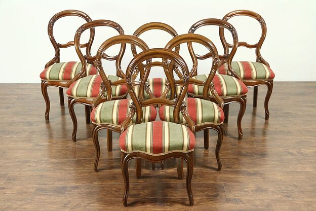 Victorian Set of 8 (4+4) Antique 1860's Carved Walnut Dining Chairs photo