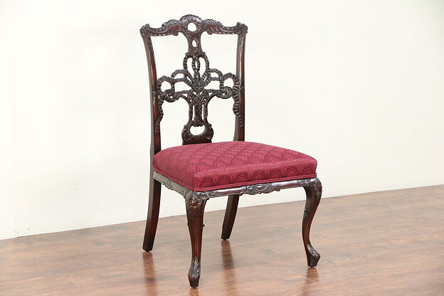Irish Chippendale Antique Carved Desk or Side Chair, New Upholstery #29751 photo