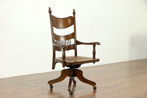 Victorian Antique Oak Swivel Adjustable Desk Chair, Pressback Carved #30290 photo