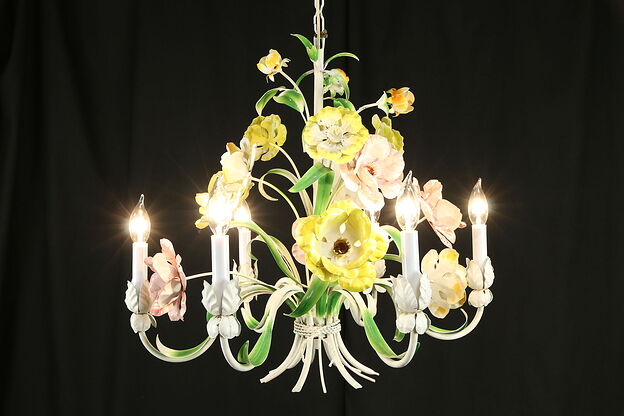 Wrought Iron Vintage Italian Chandelier, Hand Painted Flowers 24" #31318 photo