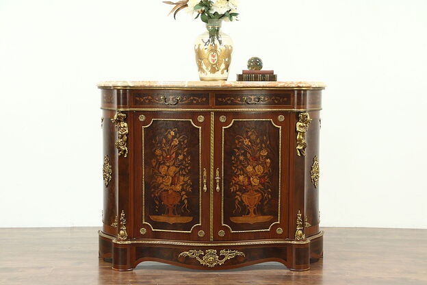 Rosewood Marquetry Console Cabinet, Angel Cherub Mounts, Marble Top, Italy photo