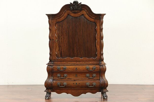 Dutch Baroque Antique Oak Child, Jewelry, or Collector Chest, Roll Door #29804 photo