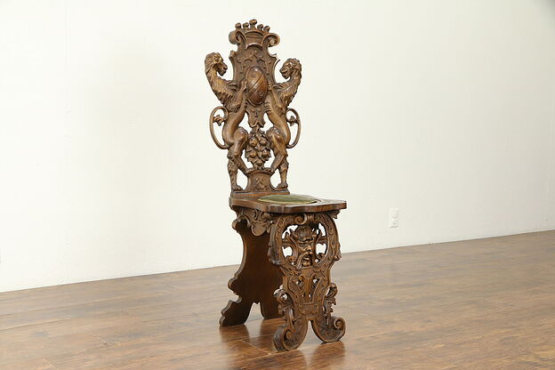 Vintage Italian Walnut Chair, Carved Lions, Faces, Crown & Crest A #30941 photo