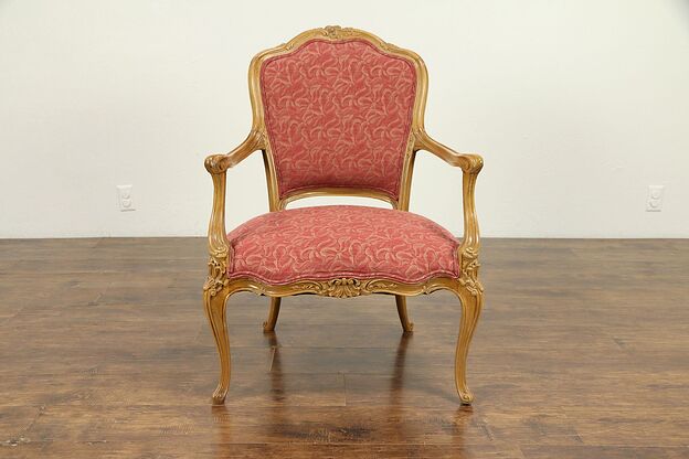 Country French Vintage Carved Beech Large Chair, Recent Upholstery #31199 photo