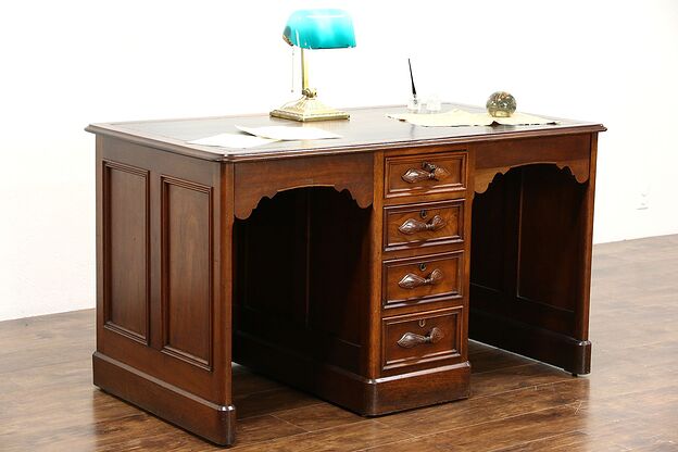 Victorian Carved Walnut 1870's Antique Twin or Partner Desk, Leather Top photo
