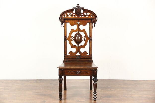 Victorian Antique 1860 Carved Walnut Hall Chair, Lift Seat photo