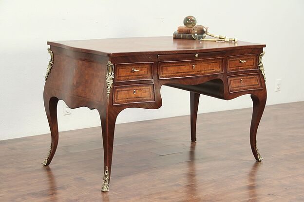 French Rosewood & Tulipwood Marquetry Antique Bombe Library Desk #29179 photo