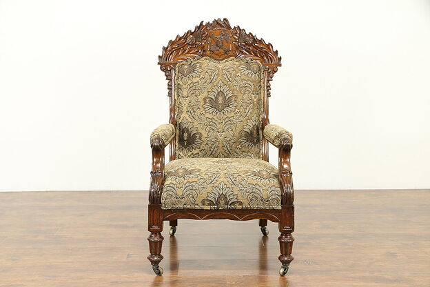 Scottish Carved Oak Antique Armchair, Coat of Arms, New Upholstery #31193 photo