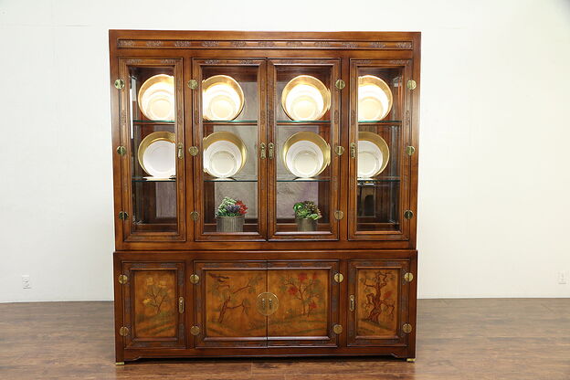 Chinese Carved Vintage Lighted China Display Cabinet, Signed Bernhardt #30106 photo