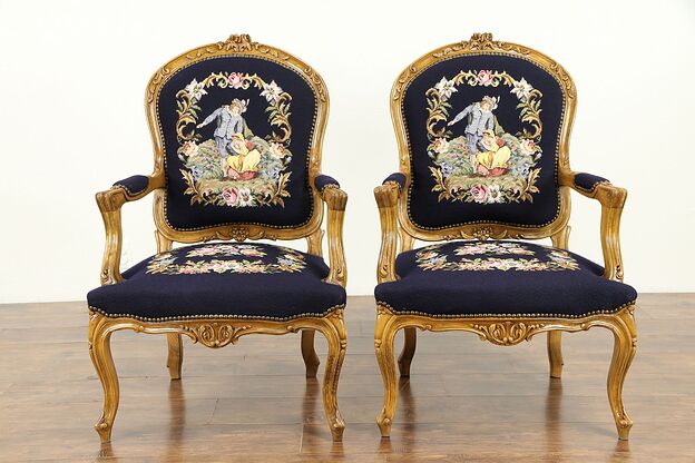 Pair French Vintage Beech Chairs, Needlepoint & Petit Point Upholstery #31166 photo