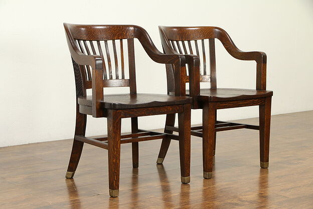 Pair of Quarter Sawn Antique Oak Banker, Office or Library Chairs Crocker #31604 photo