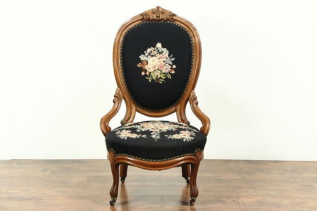 Victorian Antique 1860 Hand Carved Walnut Chair, Needlepoint Upholstery photo