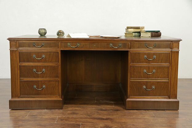 Traditional Vintage Custom Walnut Executive Office Desk, Tooled Leather #30084 photo