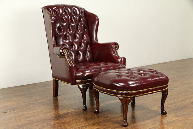 Tufted Leather Vintage Wing Chair & Ottoman or Stool, Hancock & Moore #31756 photo