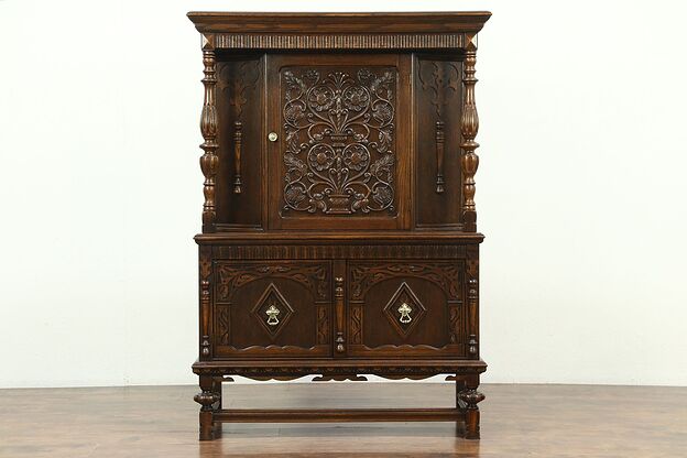 English Tudor Carved Oak Antique China or Bar Cabinet, Signed Hodell #28634 photo