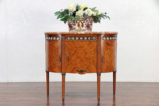 Tulip & Rosewood Marquetry Italian Marble Top Console Cabinet #30061 photo