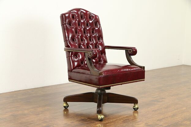 Tufted Leather Swivel Adjustable Desk Chair, Signed Harden 1986 #31312 photo