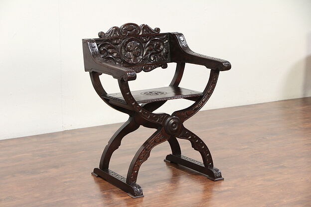 Savonarola Italian Roman Style Antique Pine Hall Chair, Carved Head #29846 photo