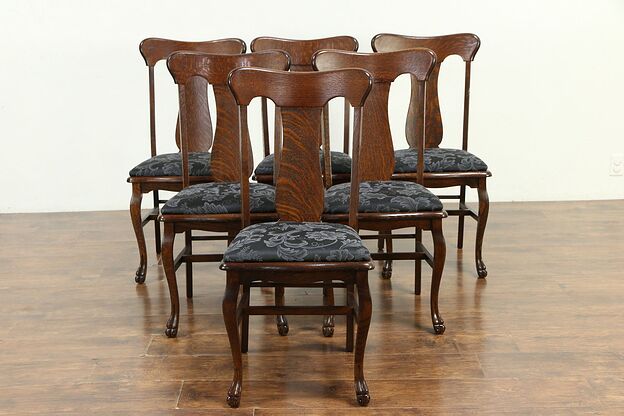 Set of 6 Antique Quarter Sawn Oak Dining Chairs, Paw Feet, New Upholstery #30176 photo