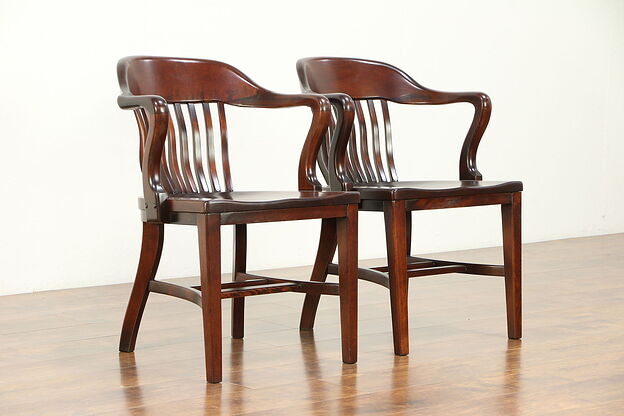 Pair Mahogany Finish Antique Banker Desk, Office or Library Chairs B #30474 photo