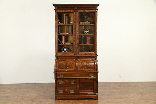 Victorian Antique Walnut Cylinder Roll Top Secretary Desk & Bookcase #30722 photo