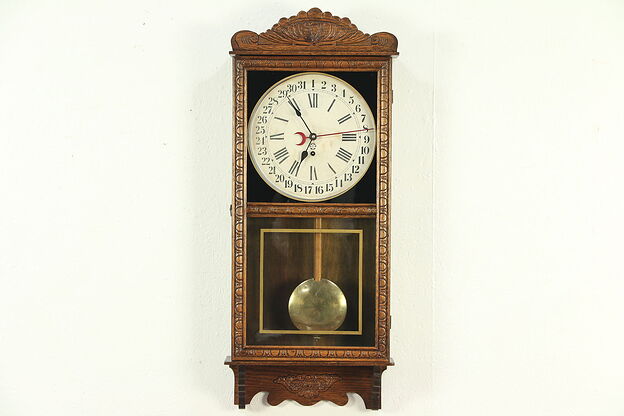 New Haven Victorian Antique 1890's Carved Oak Calendar Clock, Wavy Glass #28979 photo