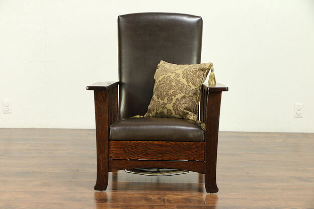 Craftsman Antique Mission Oak Arts & Crafts Morris Leather Recliner Chair #30298 photo
