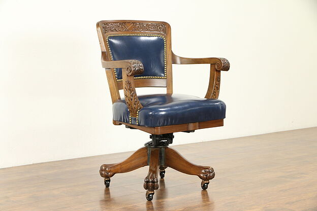Swivel Mahogany Antique Desk Chair, Carved Lion Paws, Milwaukee #30939 photo