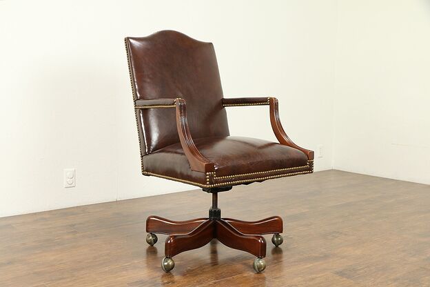 Leather & Mahogany Swivel Vintage Adjustable Desk Chair, Signed Hickory #31127 photo