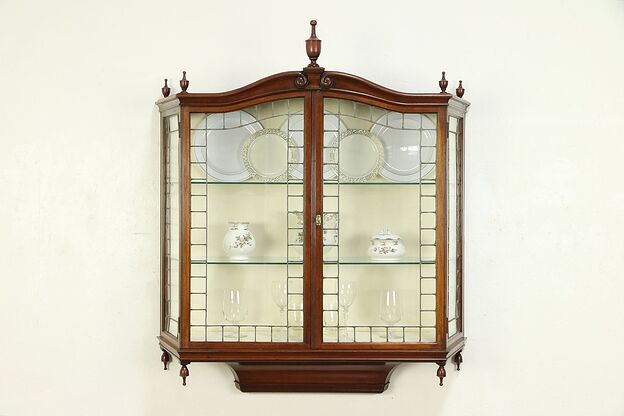 English Antique Wall Hanging Vitrine or Curio Cabinet, Leaded Glass Doors #29565 photo