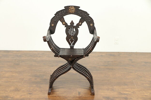 Egyptian Antique Carved Savonarola Chair, Pearl Inlay, Arabic Inscription #30926 photo