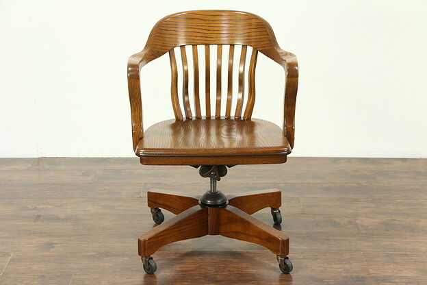 Oak Vintage Swivel Adjustable Desk Chair, Curved Lumbar Spindles photo
