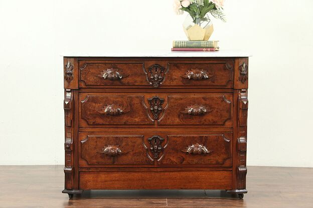 Victorian Renaissance Antique Marble Top Chest or Dresser, Secret Drawer #29160 photo