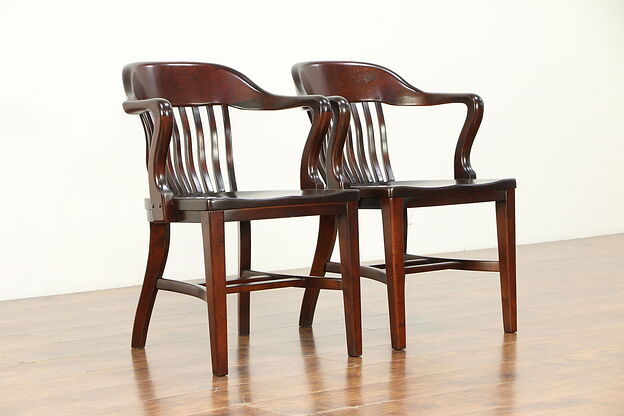 Pair Mahogany Finish Antique Banker Desk, Office or Library Chairs C #30475 photo